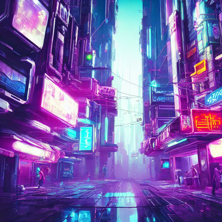 Neon-Lit Cyberpunk City Alley with Skyscrapers