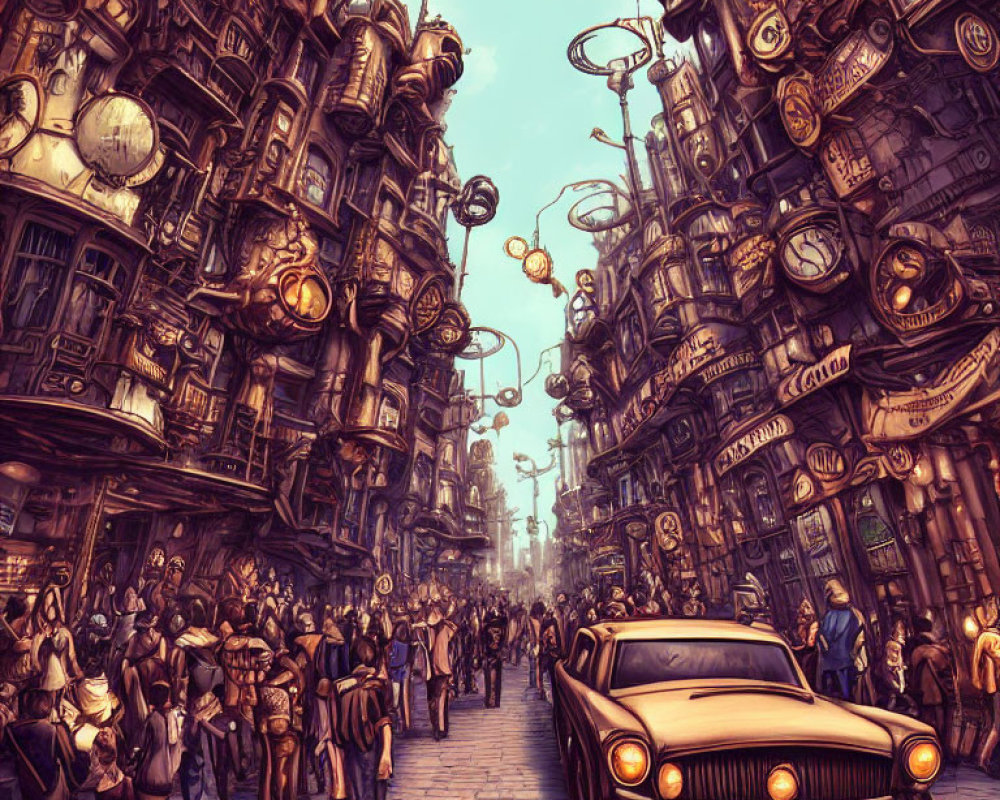 Steampunk cityscape with vintage cars and towering buildings