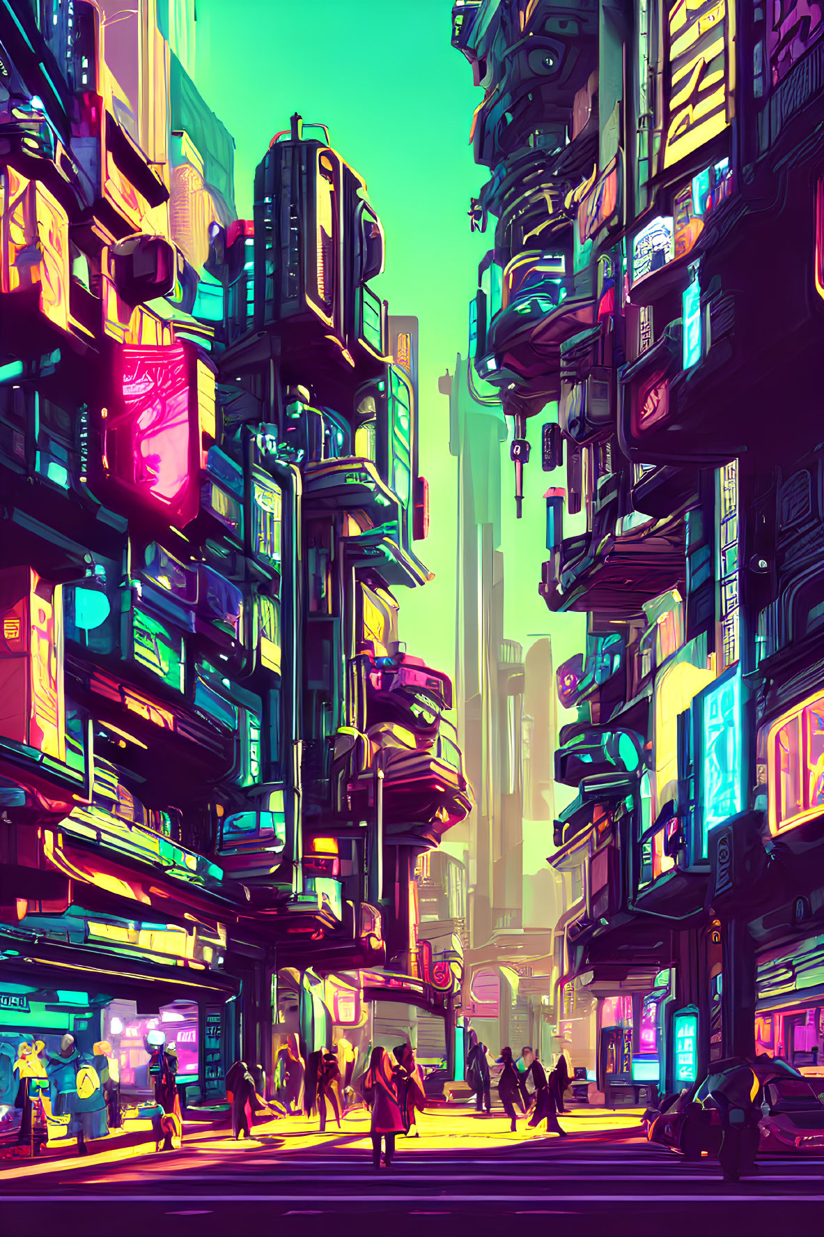 Colorful Cyberpunk Cityscape with Neon Signs and Pedestrians