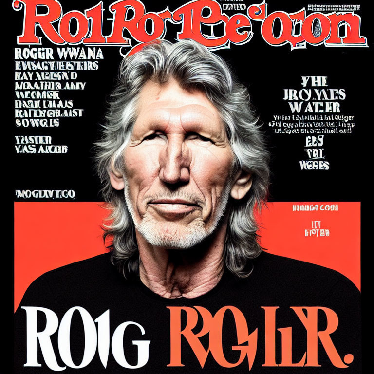 Man with Long Grey Hair in Black Shirt Against Bold Red and White Magazine Cover