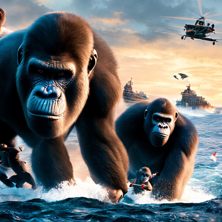 Enormous gorillas in ocean battle with helicopters and ships under sunset sky