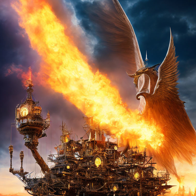 Majestic bird creature with fiery wings over steampunk-style structure