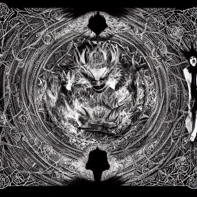 Symmetrical monochrome artwork with dragon-like creature and ornate patterns