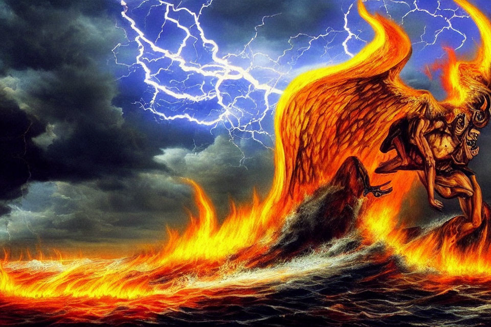 Winged creature engulfed in flames in fiery environment