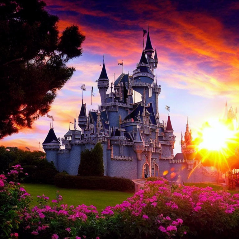 Fairytale castle surrounded by blooming flowers at sunset