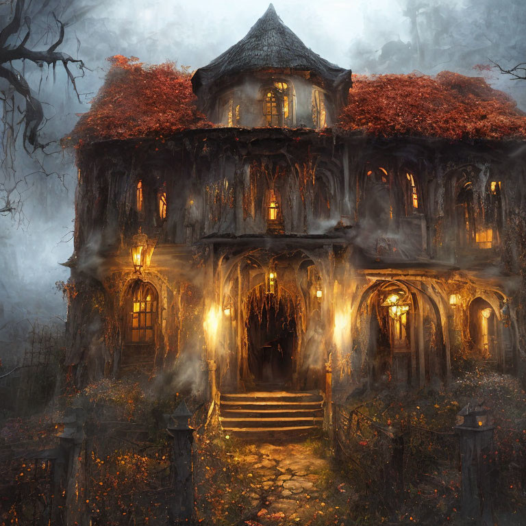 Spooky old house in foggy forest with glowing windows