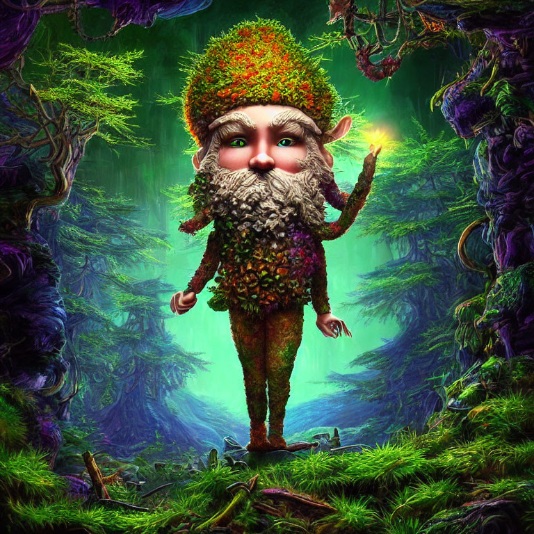 Illustrated gnome with mossy beard in enchanted forest.