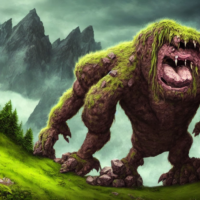 Giant moss-covered creature in mountain landscape with trees on its back