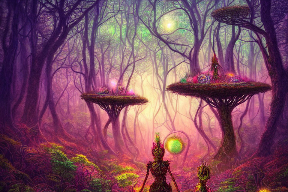 Enchanting forest with glowing orbs, floating islands, vibrant purples and pinks