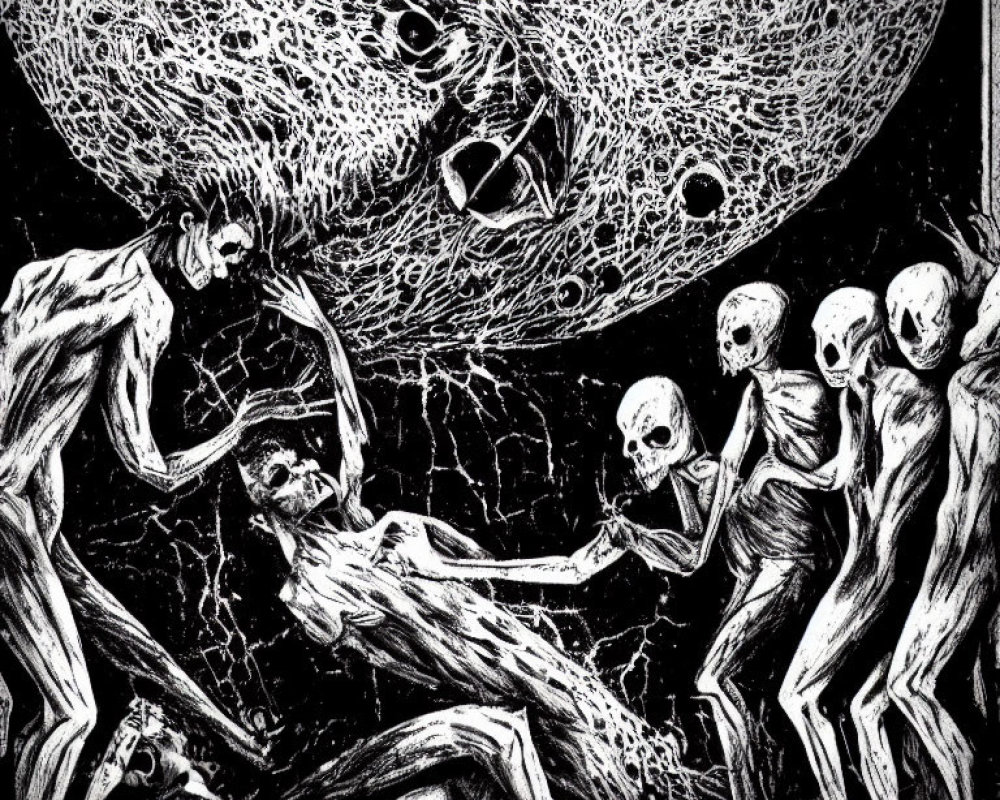 Monochromatic art: skeletal figures encircle reclining person under moon