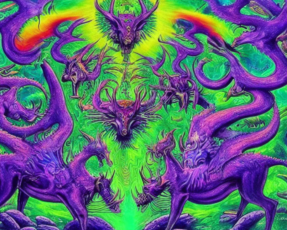 Colorful psychedelic artwork: Purple dragons in intricate designs on green background