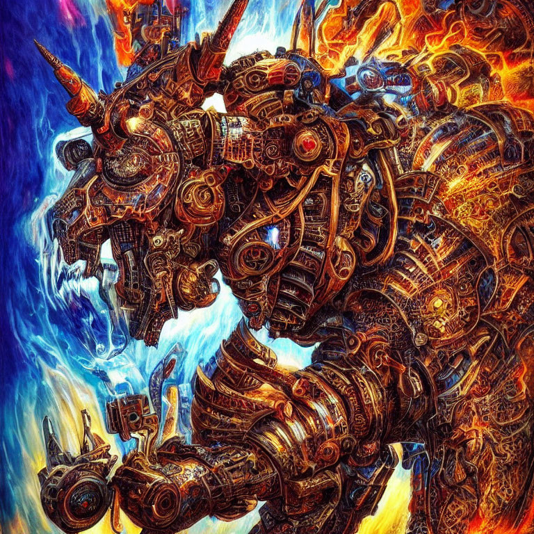 Dynamic mechanized creature with intricate gears in vibrant colors