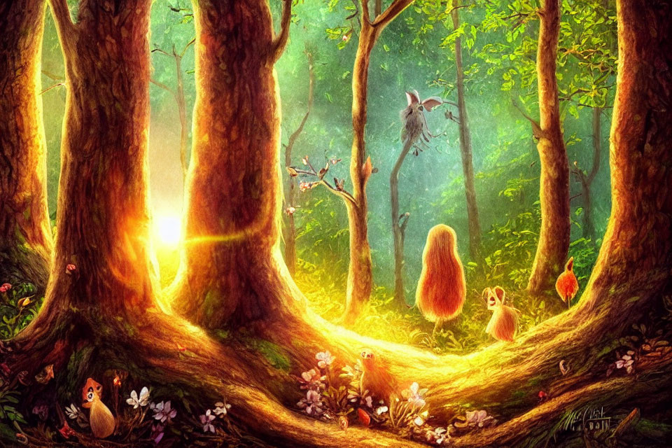 Enchanted sunset forest with whimsical creatures and glowing light