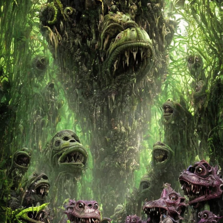 Fantastical green and purple creature heads in mossy jungle.