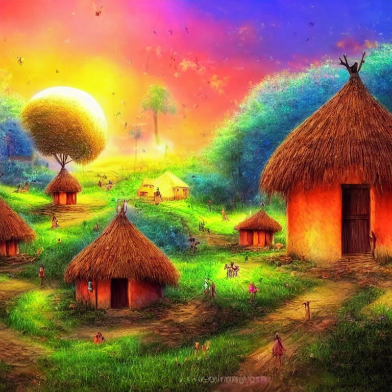 Fantastical village with glowing tree and colorful sky