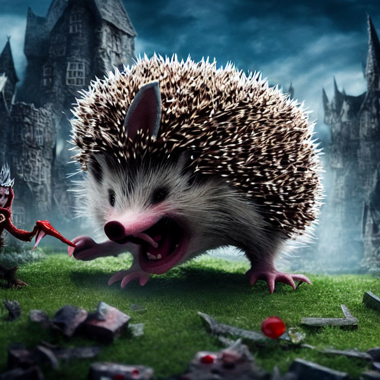 Exaggerated mouth hedgehog on grass with tiny cart by fantasy castle