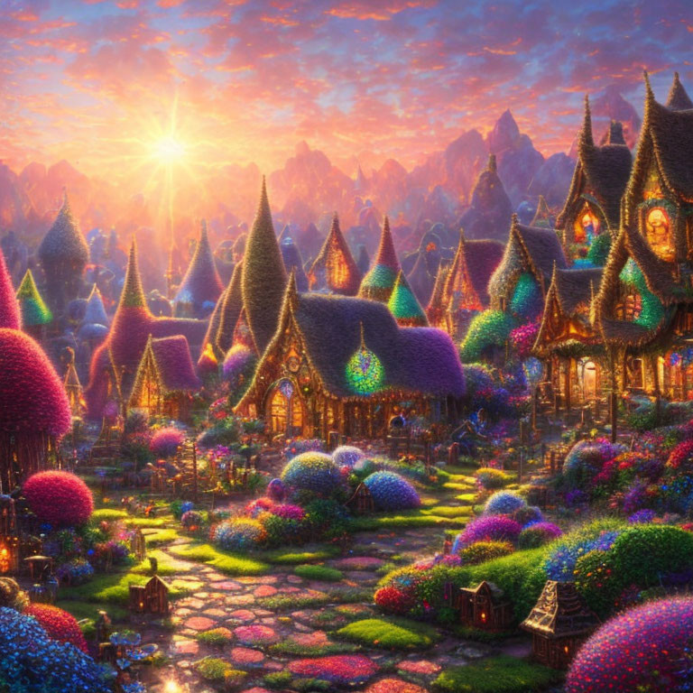 Colorful Thatched-Roof Cottages in Fairytale Village at Sunset