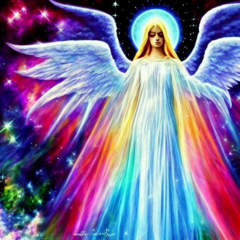 Colorful angel with halo in cosmic setting