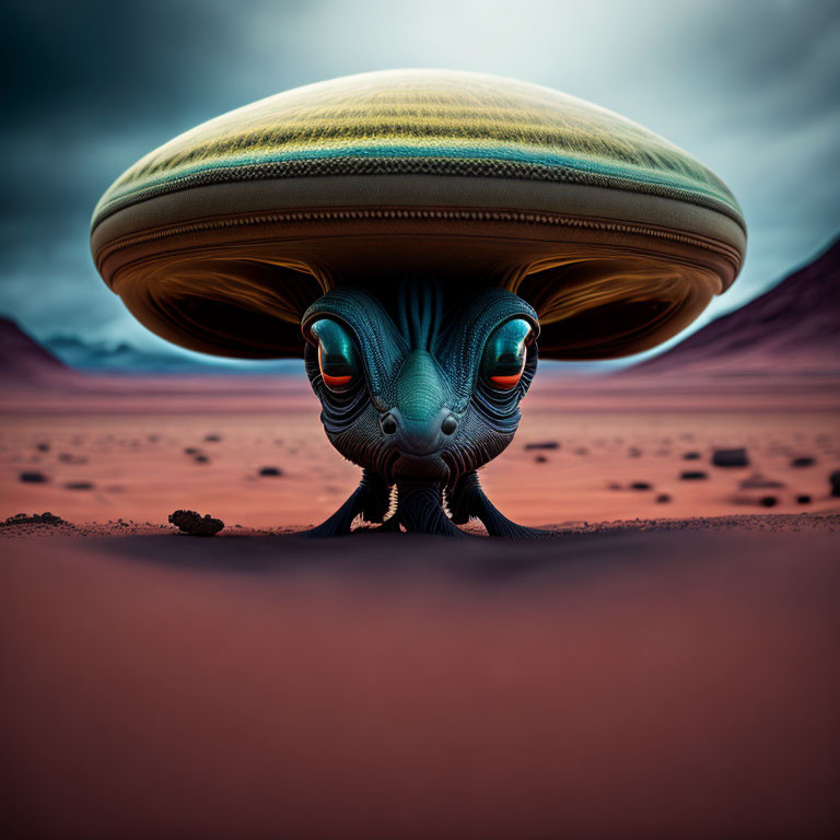 Colorful alien creature under spaceship in red landscape