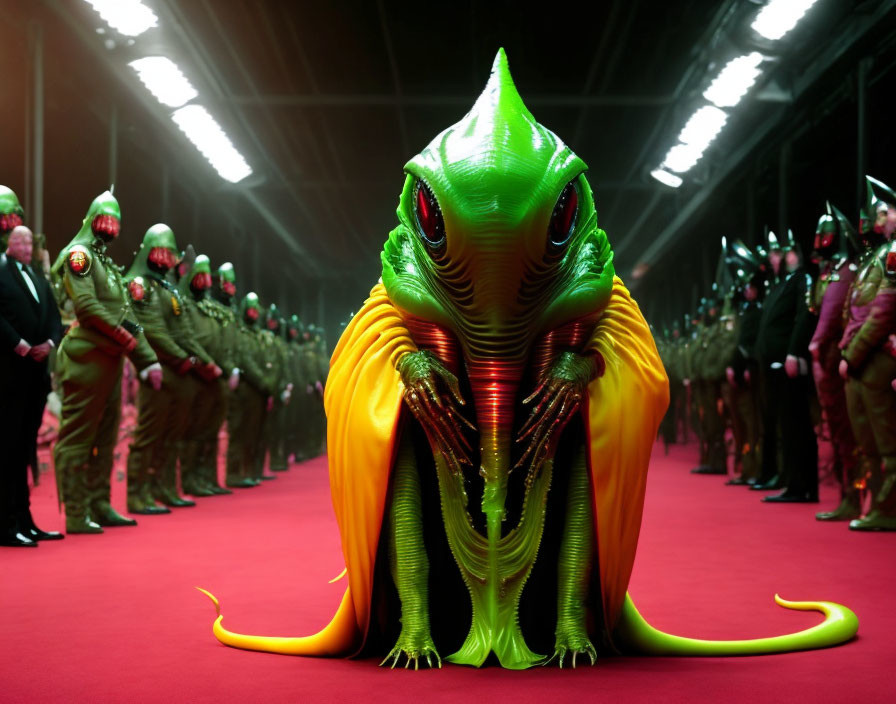 Green alien in regal attire on red carpet with uniformed personnel