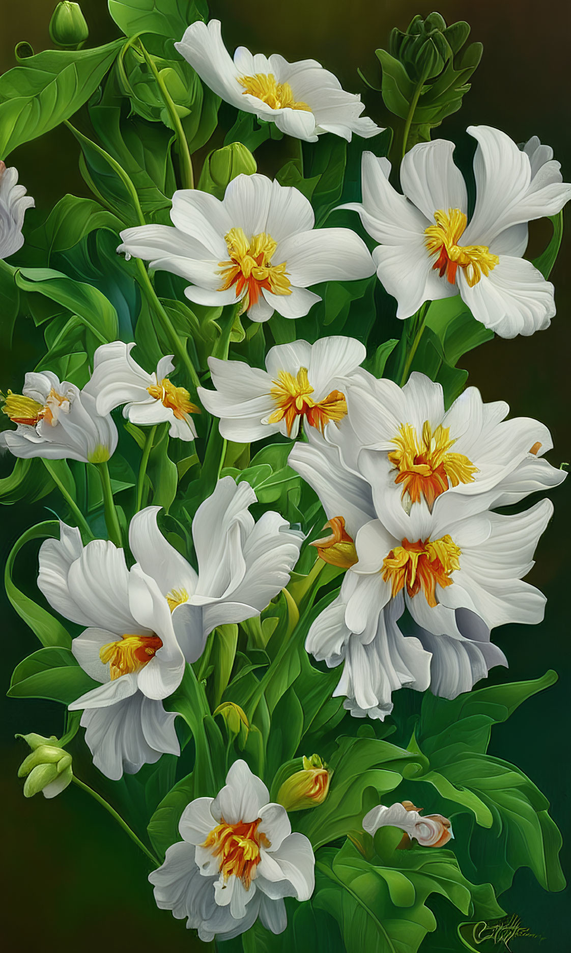 Vibrant white and yellow flowers with lush green leaves on dark background