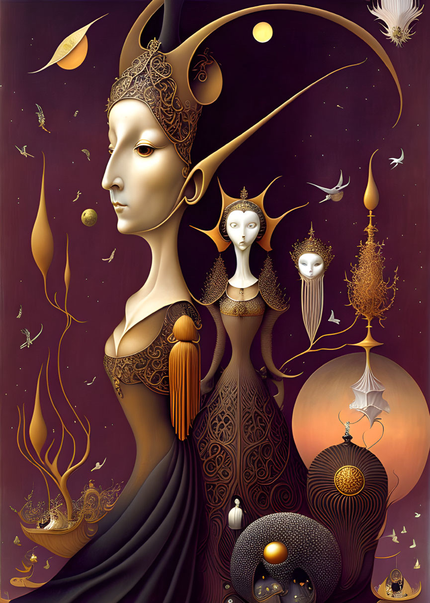 Surreal ornate illustration of stylized female figure and celestial motifs