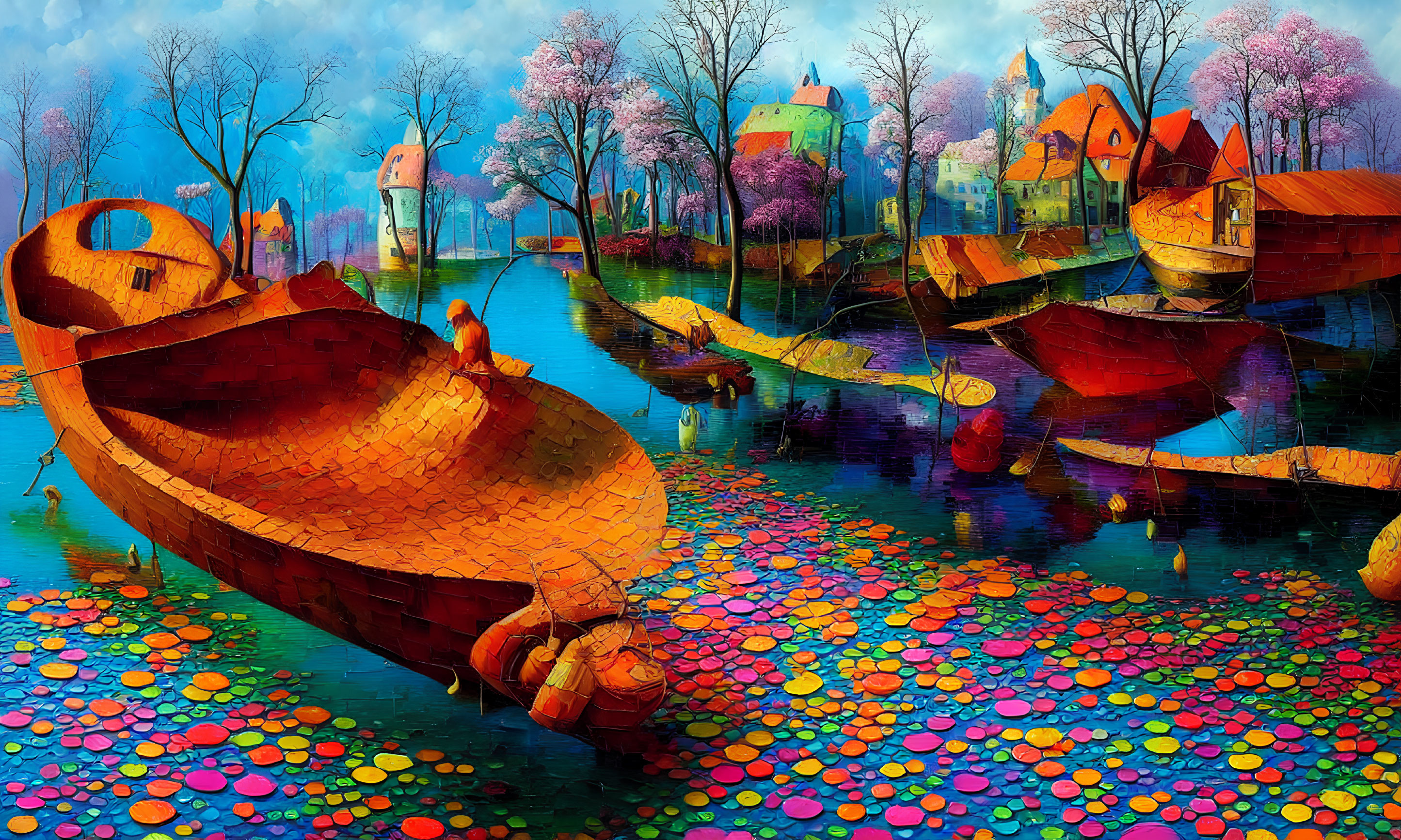 Colorful painting of fantastical river landscape with boats and whimsical houses