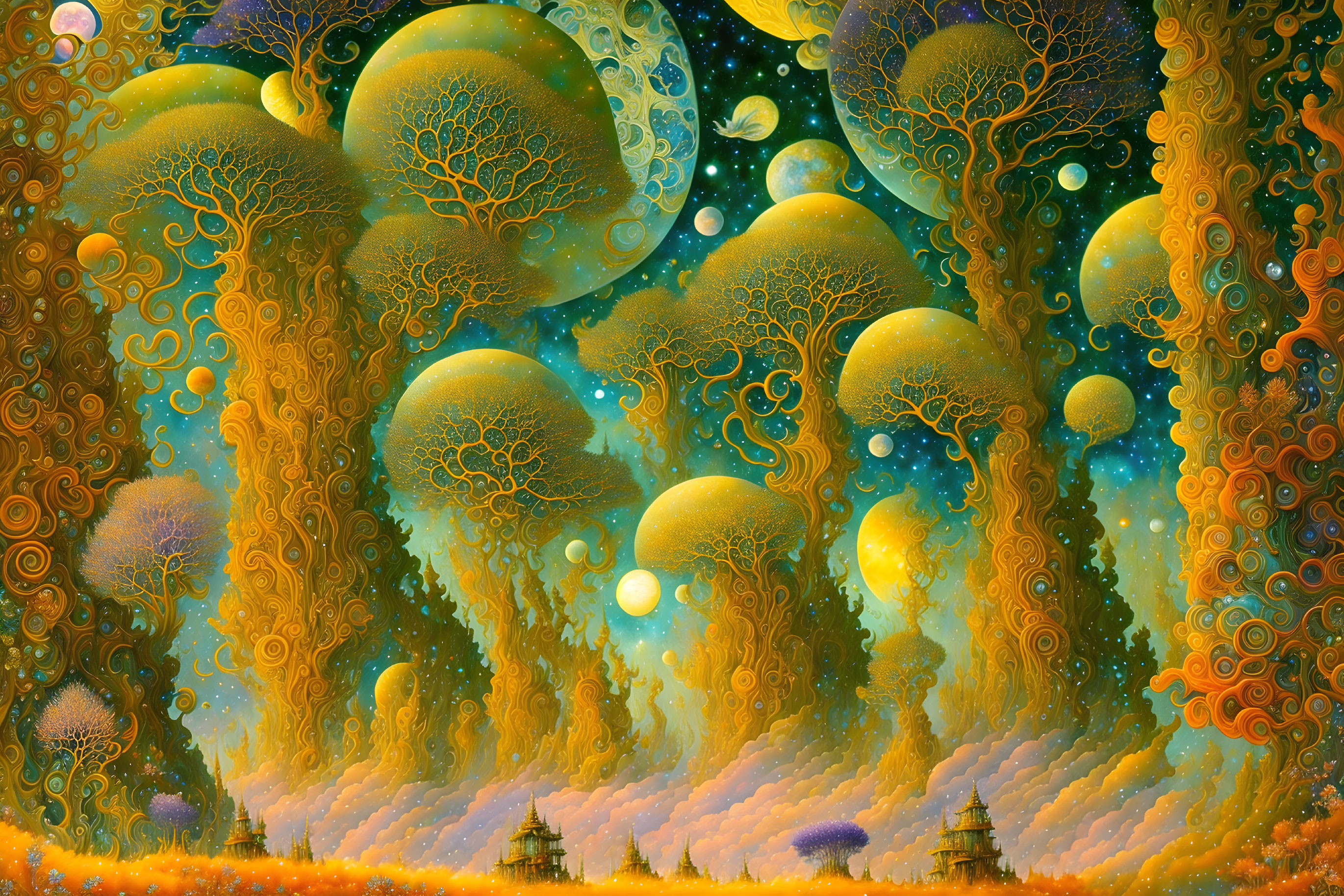 Fantastical landscape with glowing tree-like structures and ornate patterns