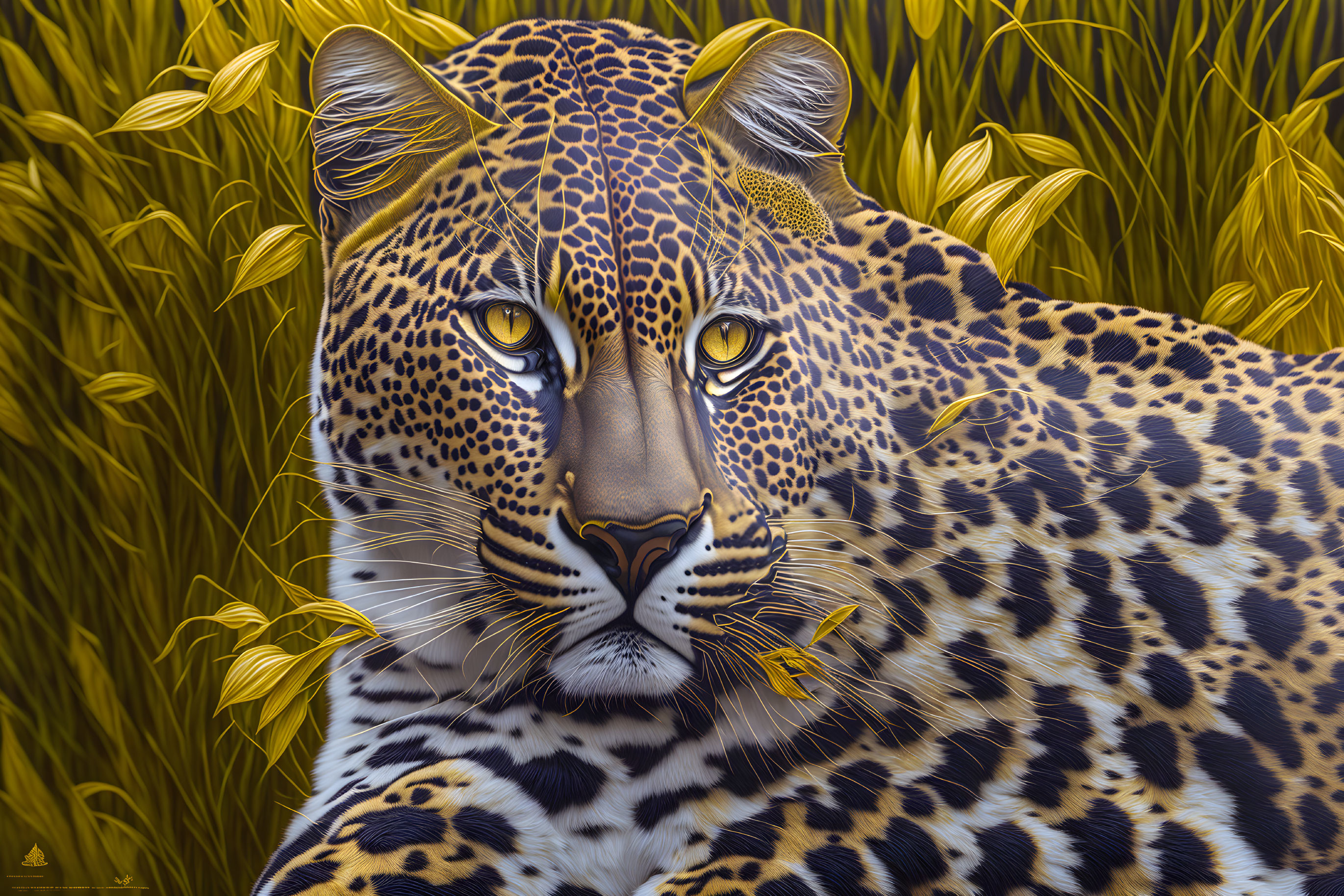 Detailed Leopard Illustration with Yellow Eyes and Spotted Fur on Golden Wheat Background