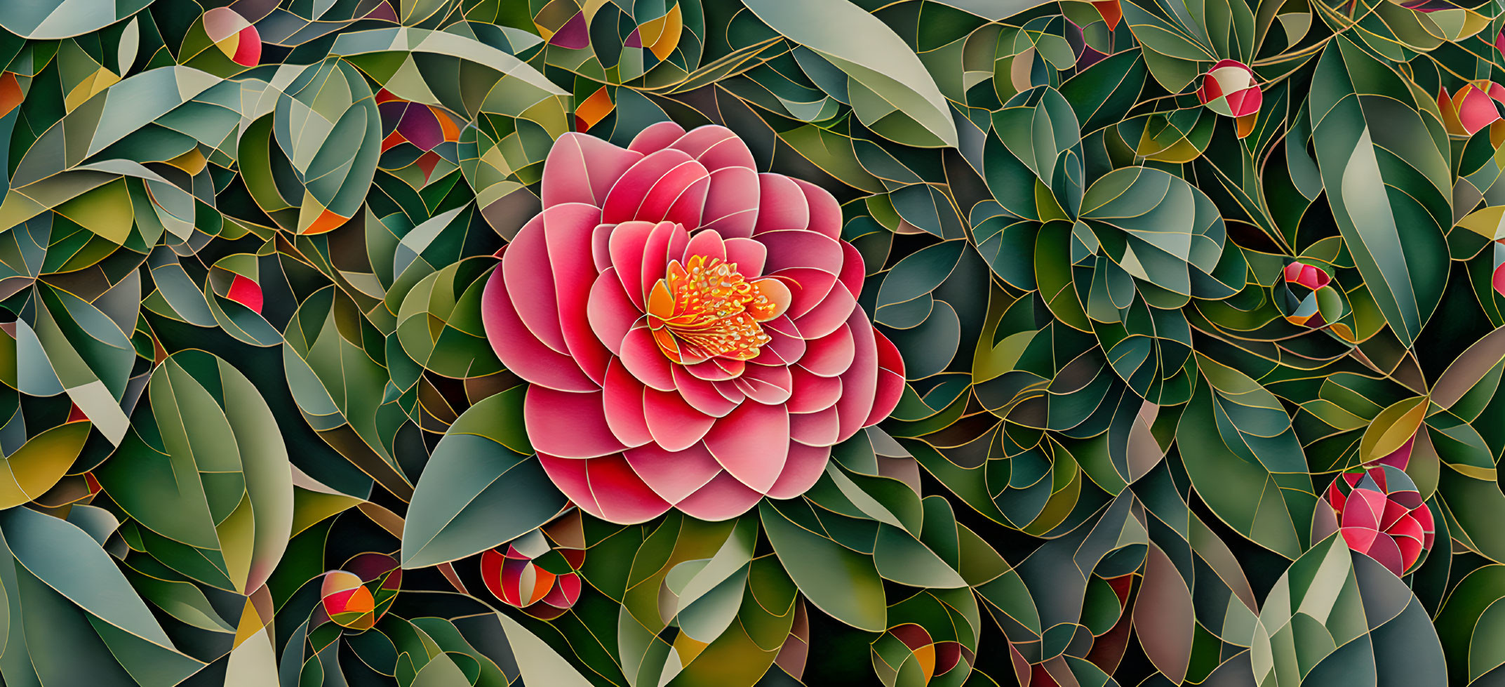 Vibrant red camellia flower illustration with green leaves and red berries.