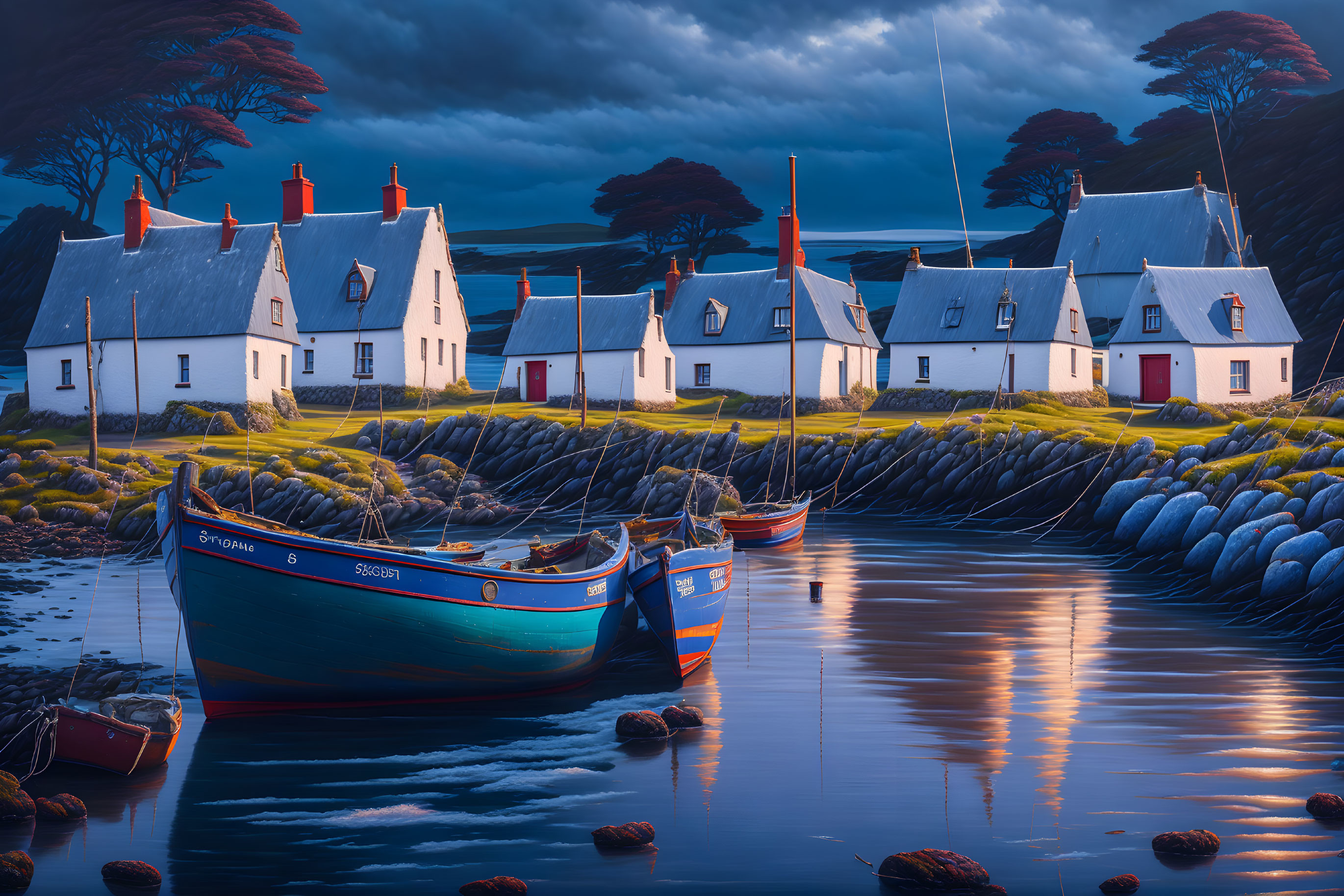 Traditional coastal village with white houses, red roofs, blue boats, and windswept trees at twilight