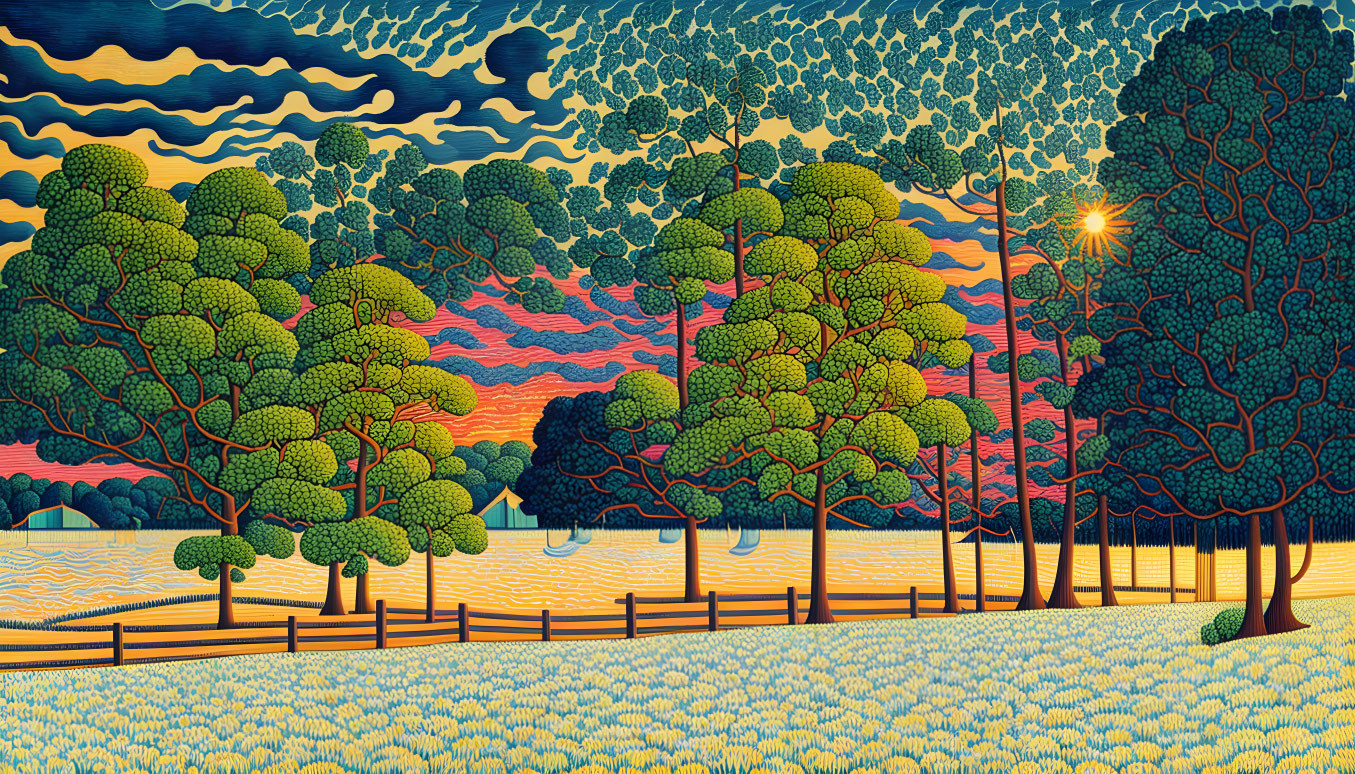 Colorful landscape with patterned trees and vibrant sky over fenced meadow