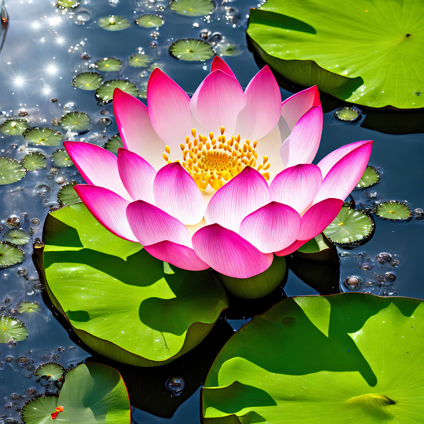 Pink Lotus Flower Blooming in Water with Lily Pads and Sunlight