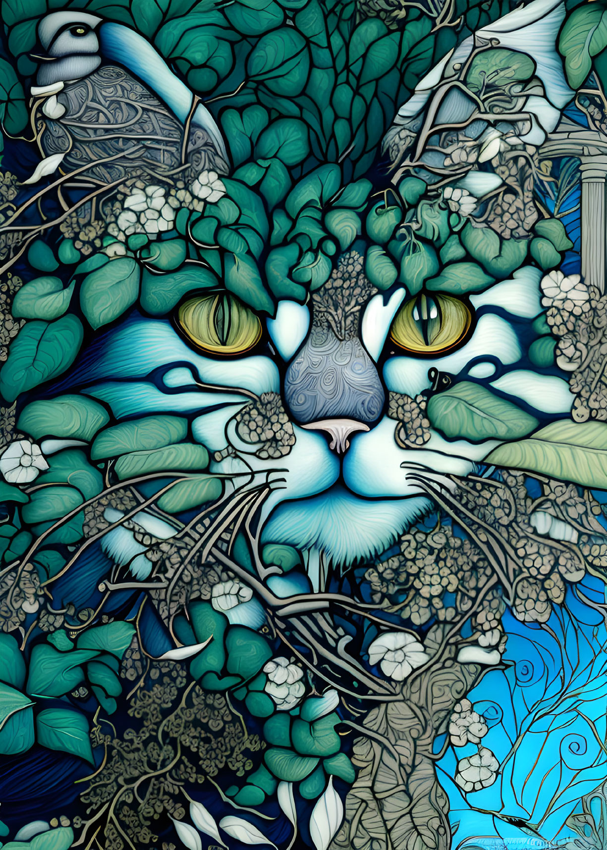 Detailed Artwork: Large Cat Face Camouflaged in Foliage, Flowers, and Birds