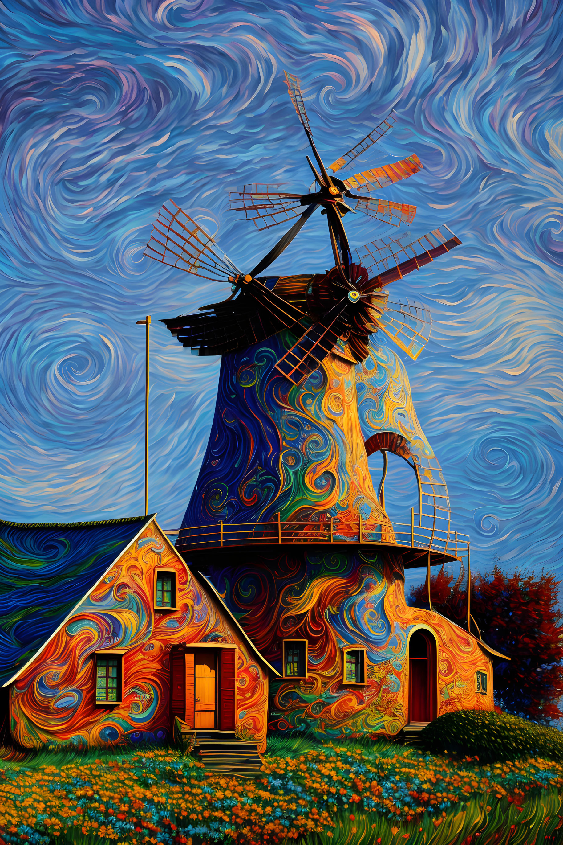 Colorful Van Gogh-style painting: swirling sky, whimsical windmill, patterned house,