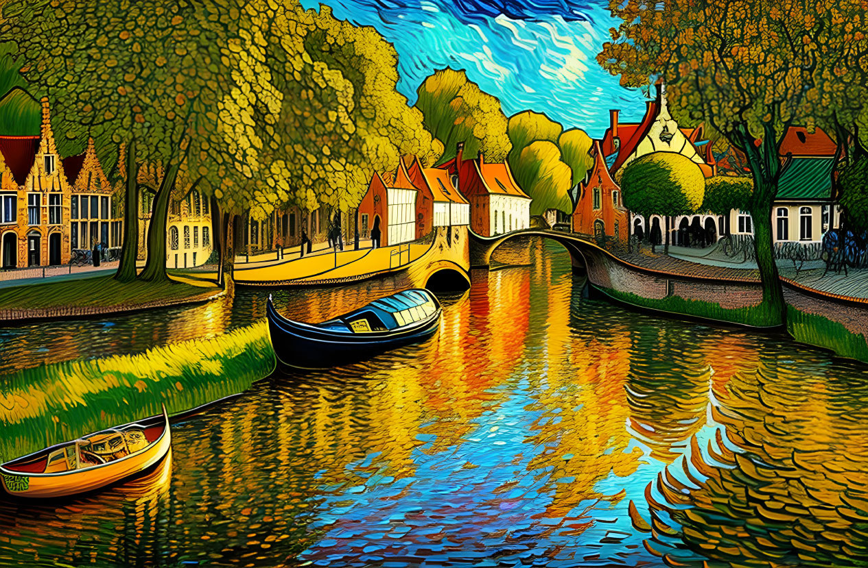 Colorful canal scene with boats, houses, bridge, and swirling sky