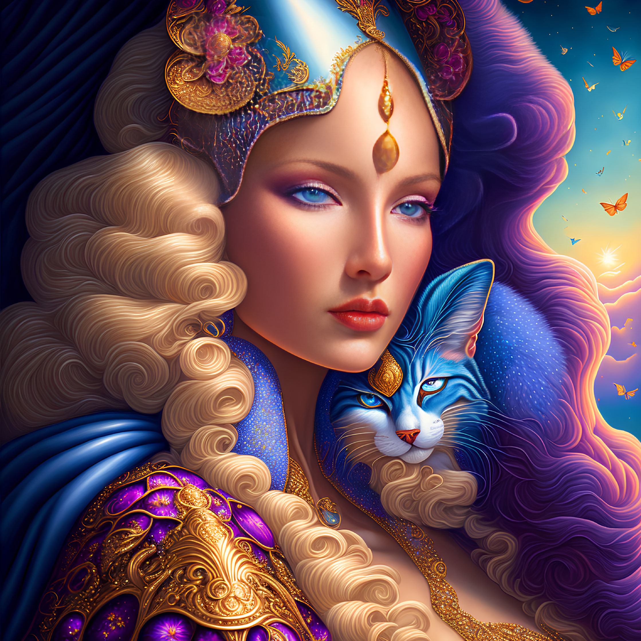 Illustrated woman in golden and blue attire with mystical blue cat