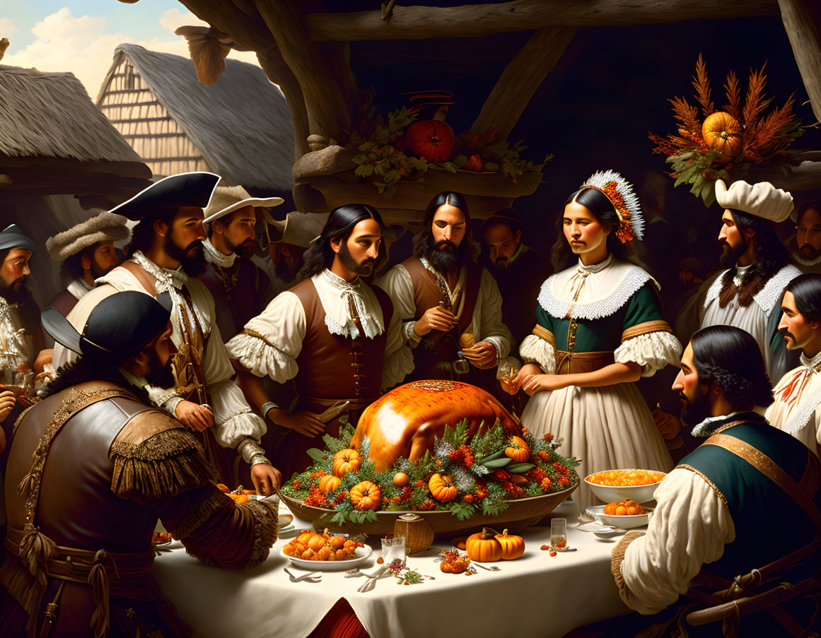 Historical attire group dining with large turkey.