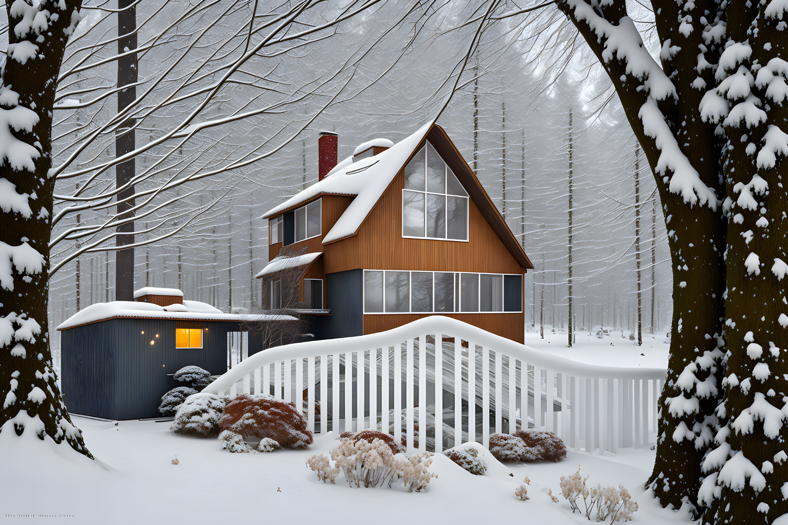 Snowy forest scene: Cozy two-story house with warm lights