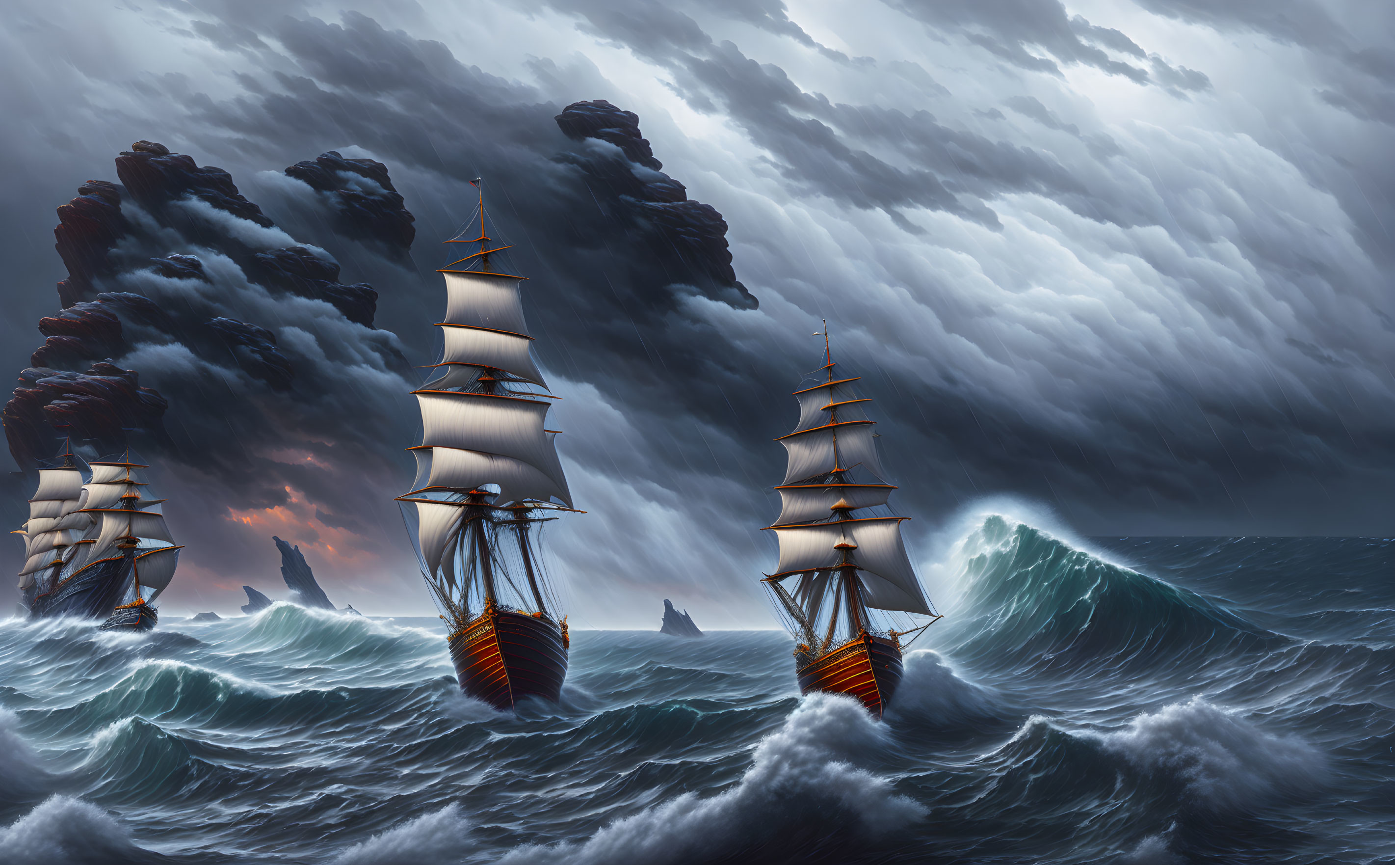 Majestic sailing ships in tumultuous seas under stormy sky