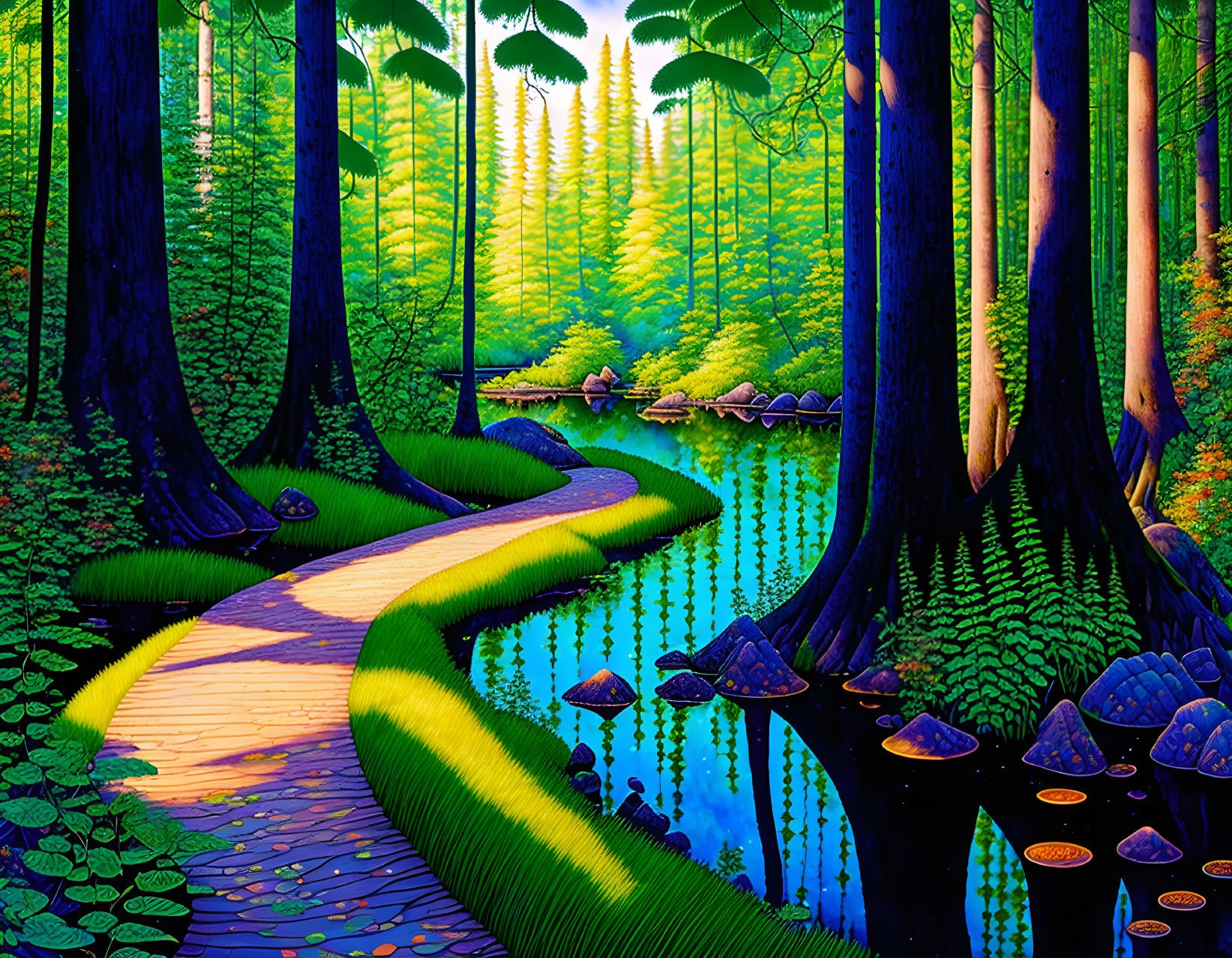 Colorful Illustration of Fantastical Forest with River and Mushrooms