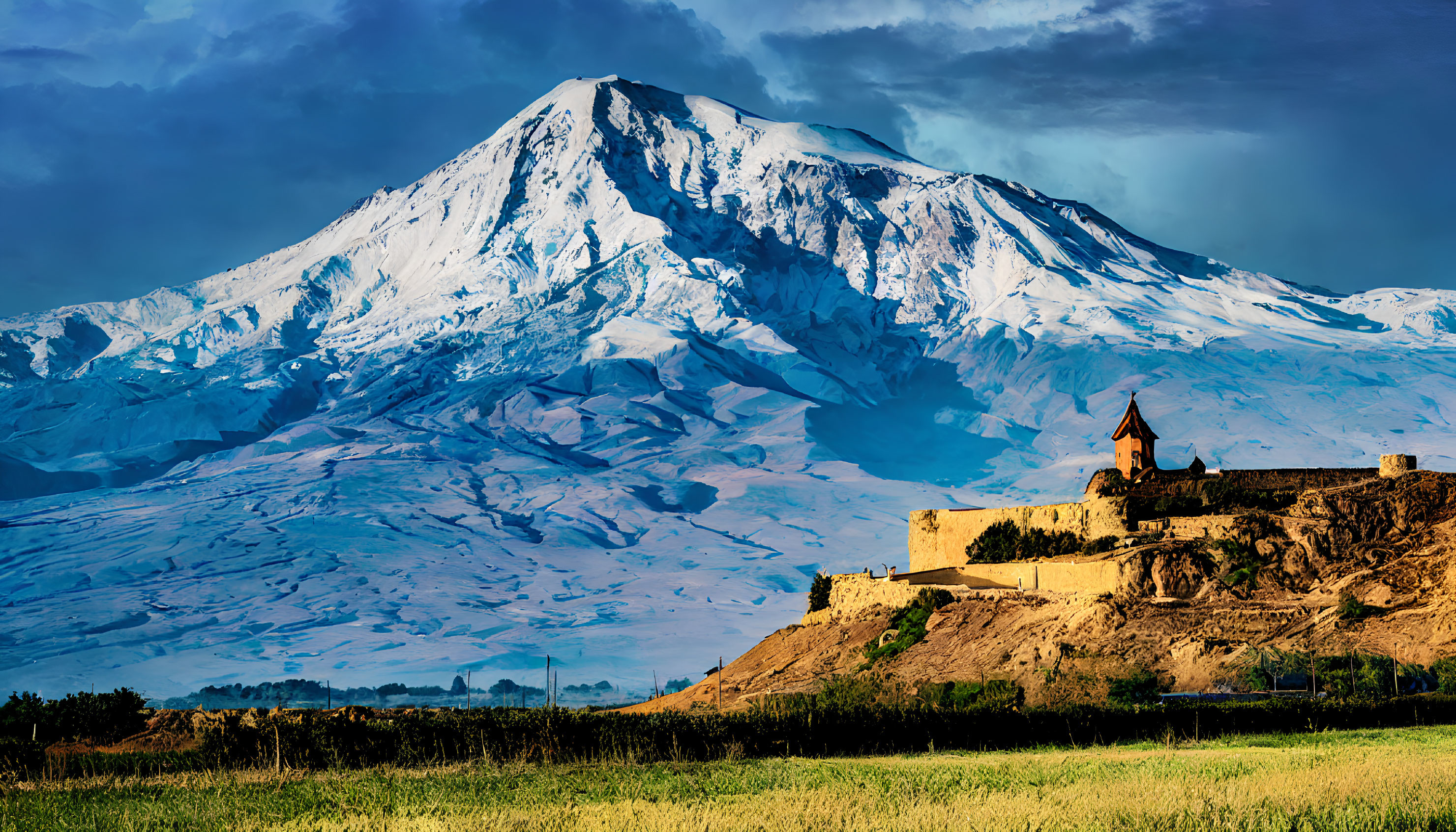 Snow-capped mountain and castle-like structure under dramatic sky