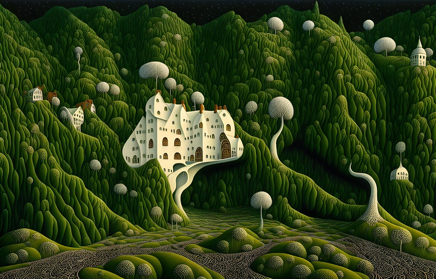 Whimsical landscape with jellybean hills, mushroom trees, and quaint houses