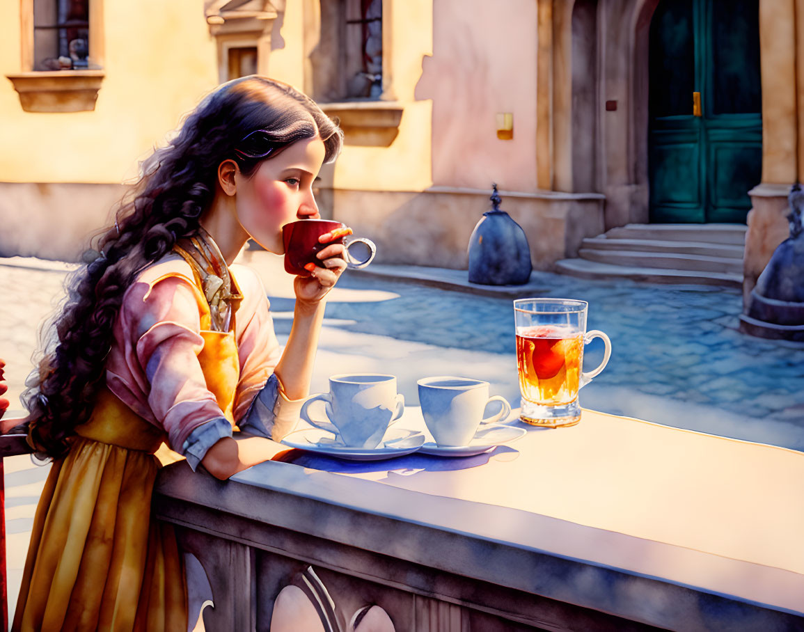 Illustrated woman enjoying tea at outdoor café table