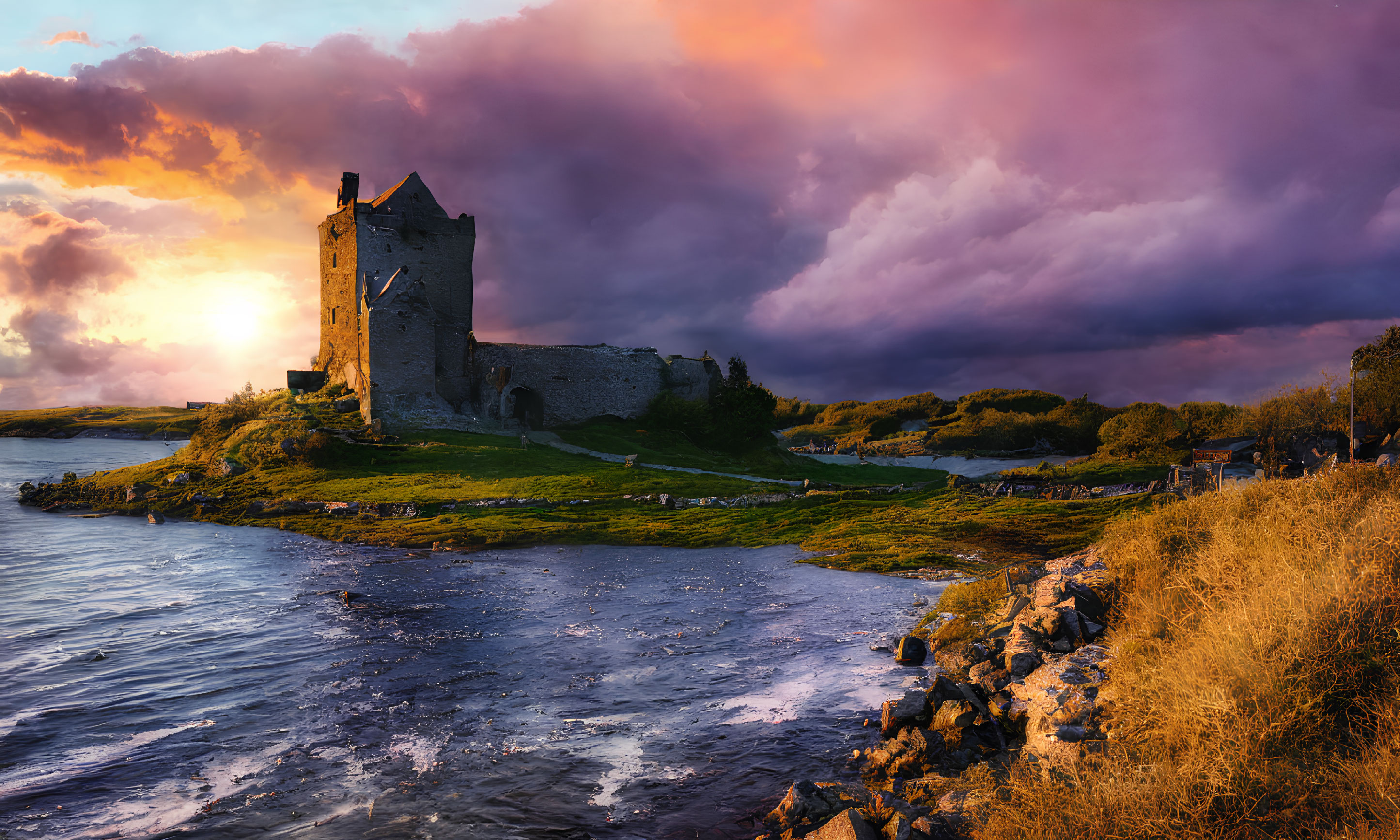 Medieval castle ruin on coastal headland at sunset with vivid clouds and rough waters