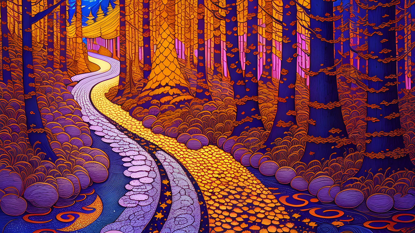 Colorful Whimsical Forest Illustration with Winding Path