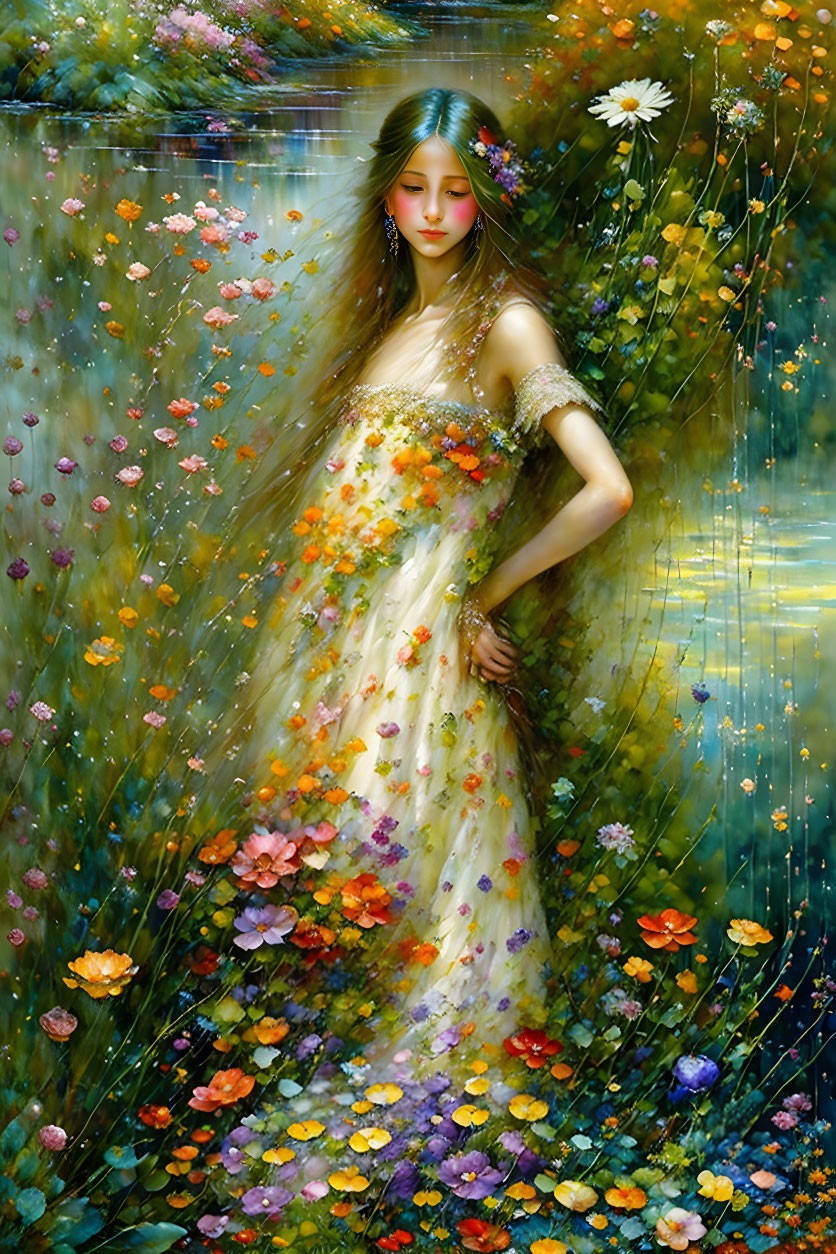 Woman in floral dress surrounded by vibrant garden flowers.