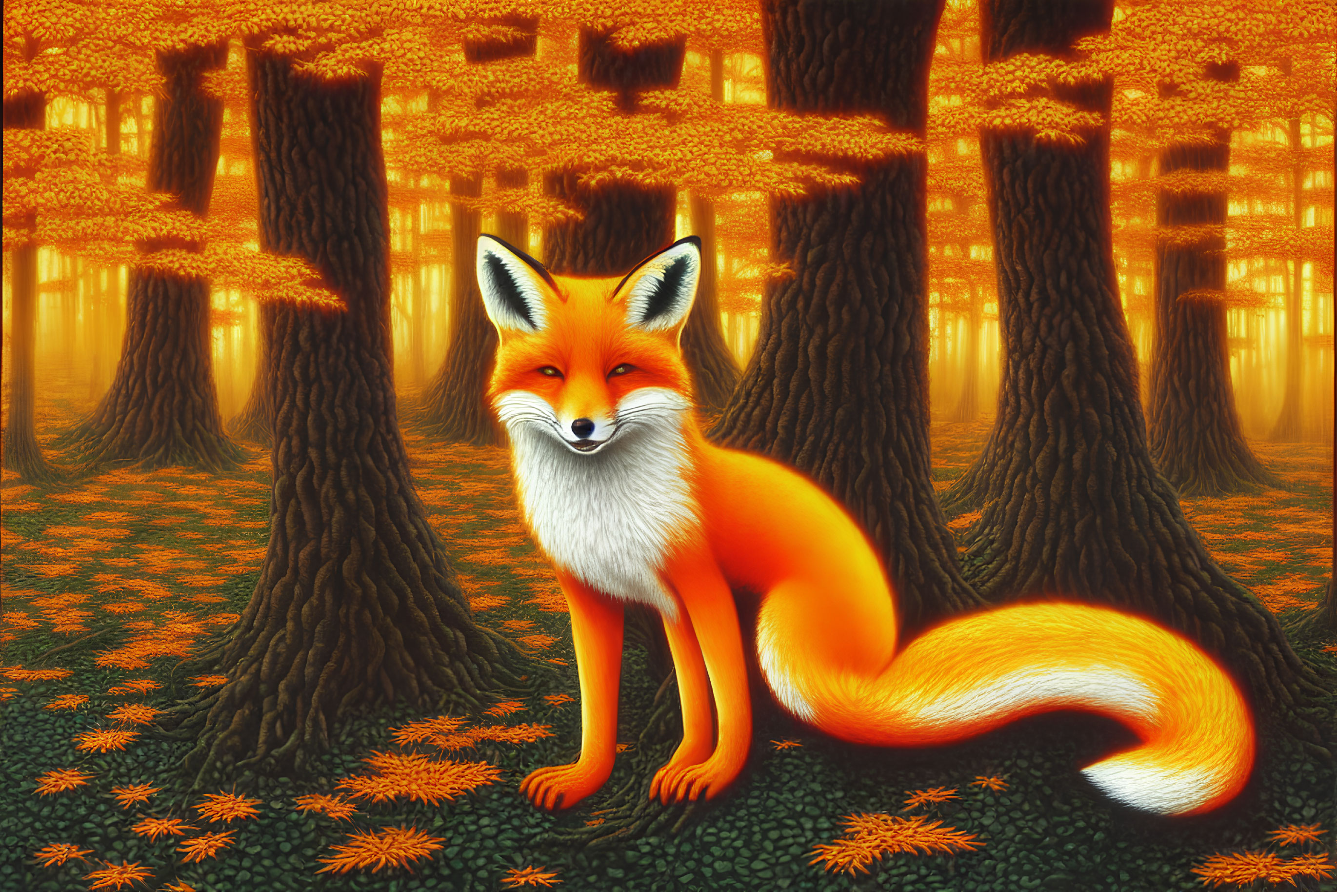 Digital Art: Fox in Autumn Forest with Orange Foliage