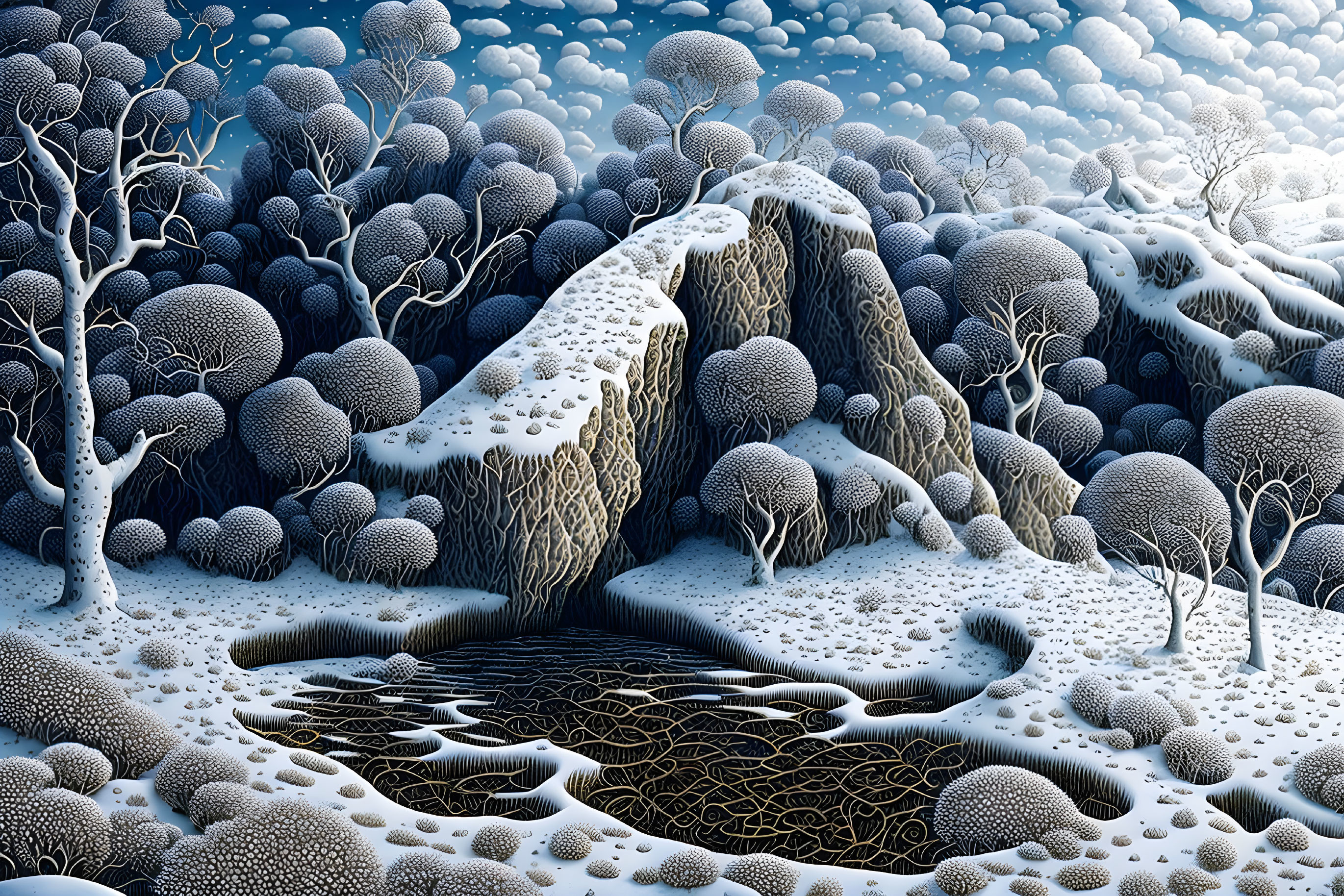 Surreal Winter Landscape with Stylized Trees and Frozen Pond