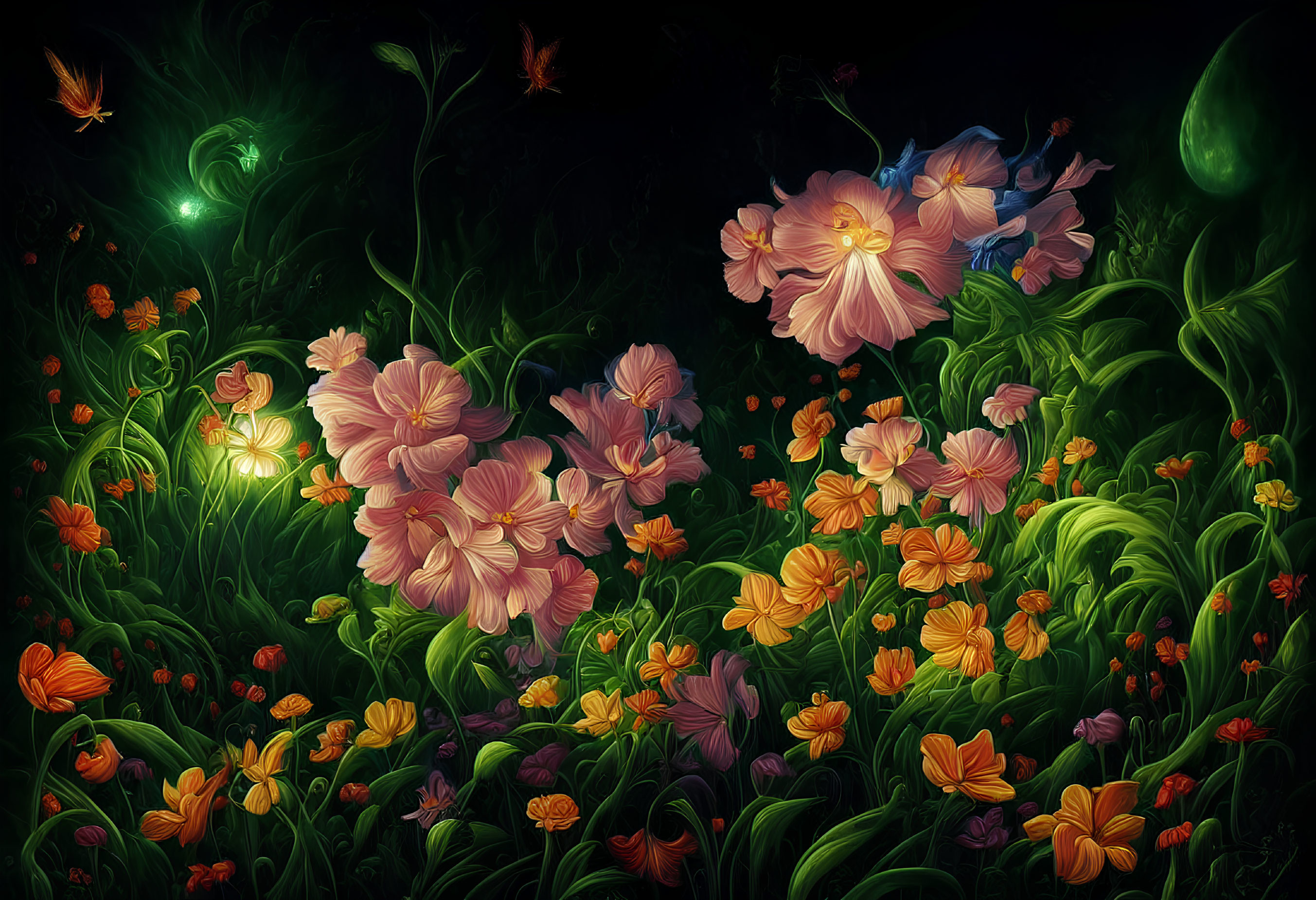 Colorful digital illustration: Lush mystical garden with glowing pink and orange flowers.